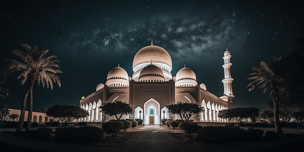 Piękny spokojny meczet nocą w błogosławionym miesiącu ramadanu oświetlony generatywny ai