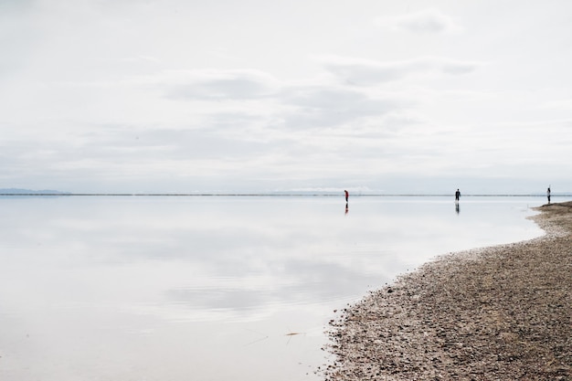 Bezpłatne zdjęcie piękny strzał na plażę z trzema osobami w pochmurny dzień