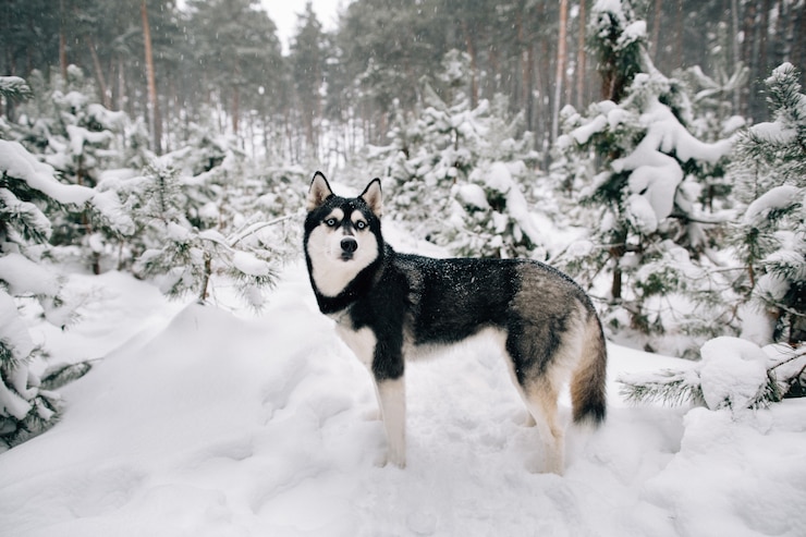 Bezpłatny plik Zdjęcie piękny syberyjskiego husky psa odprowadzenie w śnieżnym zimy sosny lesie