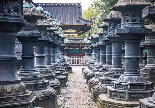 Piękny widok na sanktuarium przez czarne filary świątyni w Tokio, Japonia