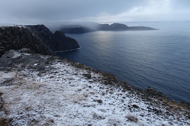 Piękny widok na zamglone, pokryte śniegiem klify na wybrzeżu Norwegii