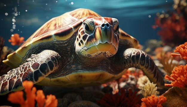 Bezpłatne zdjęcie piękny żółw pływający w podwodnej rafie to cud stworzony przez sztuczną inteligencję