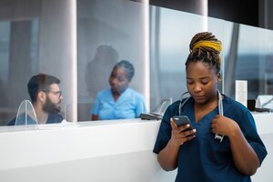 Bezpłatne zdjęcie pielęgniarka ze średnim strzałem trzymająca smartfon