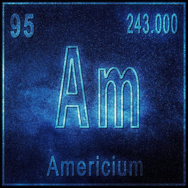 Pierwiastek chemiczny americium, znak z liczbą atomową i masą atomową, pierwiastek układu okresowego pierwiastka