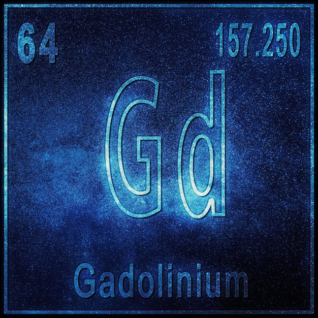 Pierwiastek chemiczny gadolinu, znak z liczbą atomową i masą atomową, pierwiastek układu okresowego pierwiastków