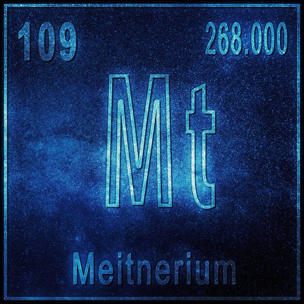 pierwiastek chemiczny meitnerium, znak z liczbą atomową i masą atomową, pierwiastek układu okresowego pierwiastka