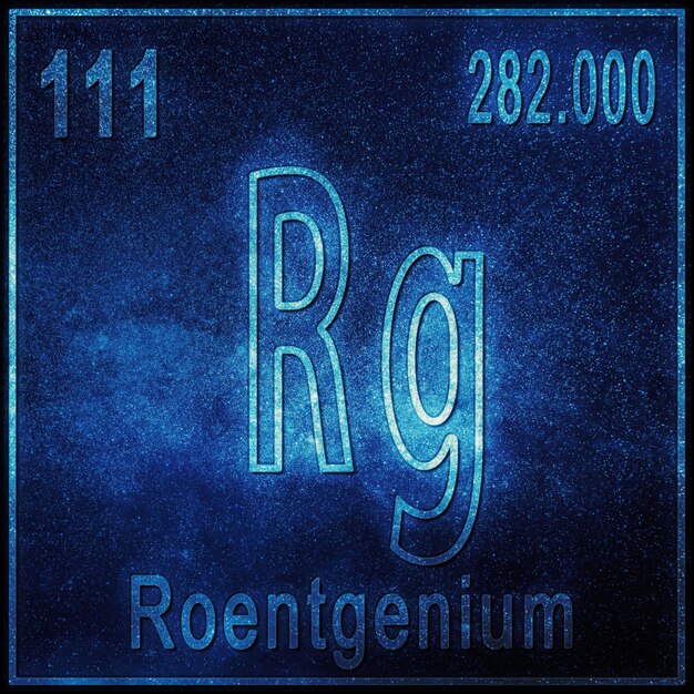 pierwiastek chemiczny roentgen, znak z liczbą atomową i masą atomową, pierwiastek układu okresowego pierwiastka