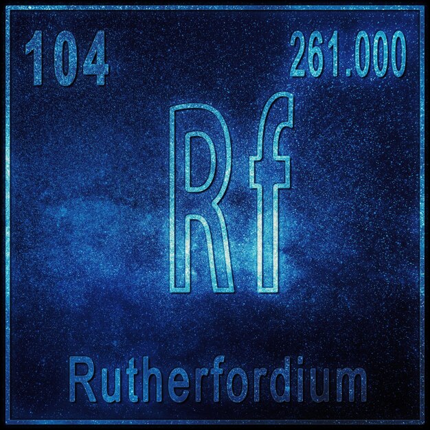 Pierwiastek chemiczny Rutherford, znak z liczbą atomową i masą atomową, pierwiastek układu okresowego pierwiastka