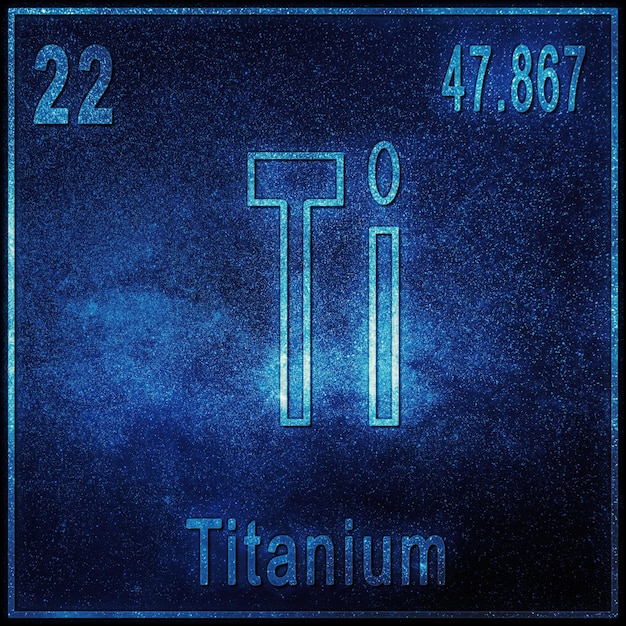 Pierwiastek chemiczny tytanu, znak z liczbą atomową i masą atomową, pierwiastek układu okresowego pierwiastków