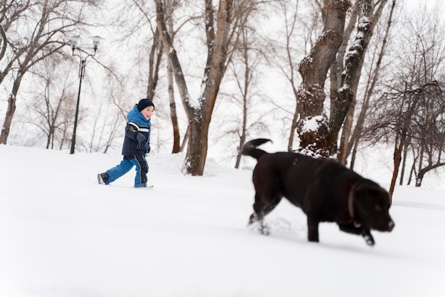 Pies bawi się z dzieckiem na śniegu z rodziną