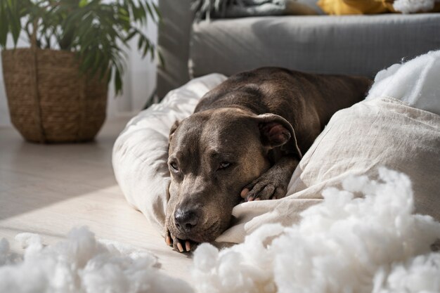 Pies pod wysokim kątem leżący na poduszce w domu