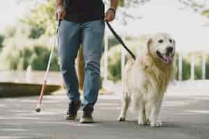 Bezpłatne zdjęcie pies przewodnik pomagający niewidomemu w mieście. przystojny ślepy facet odpoczywa z golden retriever w mieście.