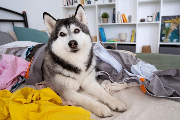 Pies robi bałagan z ubraniami