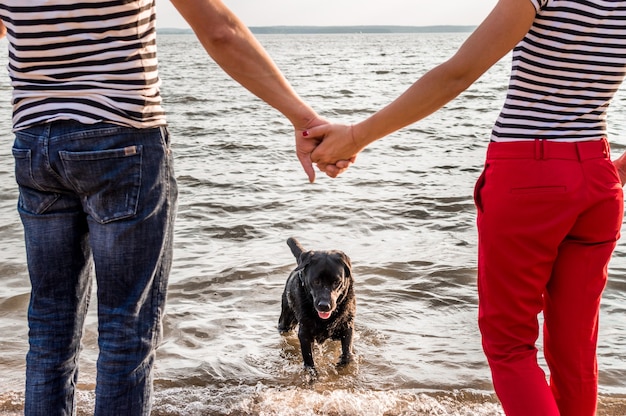Pies wybiega z wody. mężczyzna i kobieta trzymając się za ręce. koncepcja psa w rodzinie.