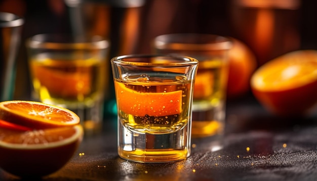 Bezpłatne zdjęcie pij alkohol w barze w pobliżu świeżej whisky wygenerowanej przez sztuczną inteligencję