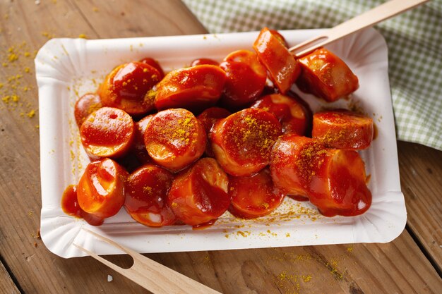 Pikantne, smaczne currywurst z keczupem podawane na talerzu. Zbliżenie.