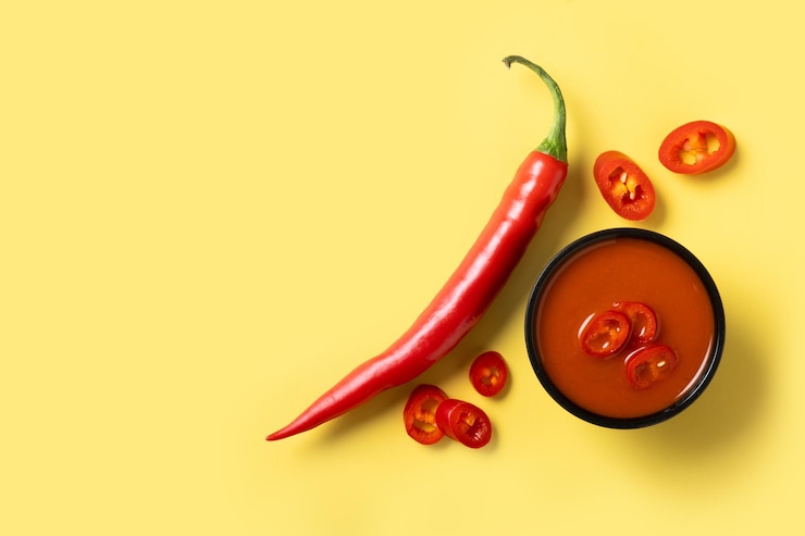 Bezpłatny plik Zdjęcie pikantny sos chili w misce na żółtym tle xa