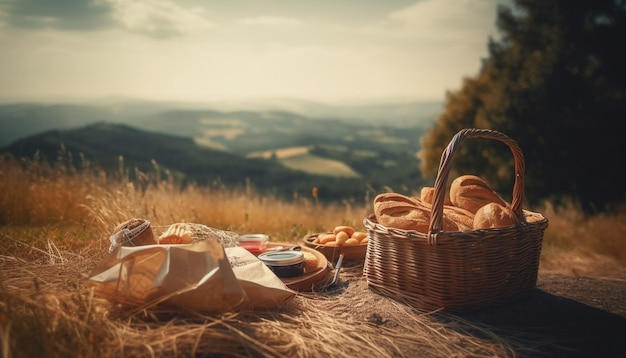 Bezpłatne zdjęcie piknik w górach z koszem chleba i torbą masła