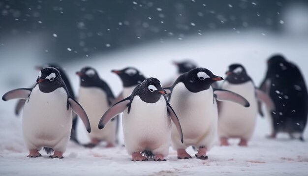 Pingwiny Gentoo brodzące w śnieżnej kolonii wygenerowanej przez sztuczną inteligencję
