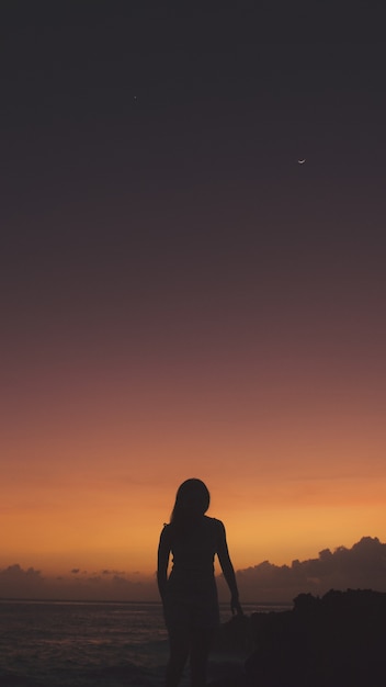 Pionowe ujęcie kobiety w sylwetce stojącej na klifie w pobliżu morza podczas zachodu słońca