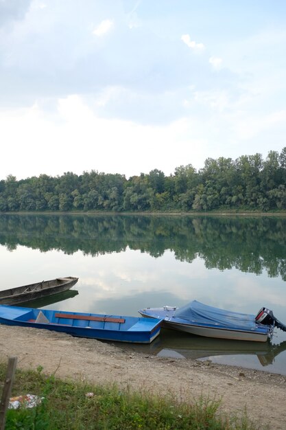 Pionowe ujęcie łodzi na rzece otoczonej zielenią pod zachmurzonym niebem