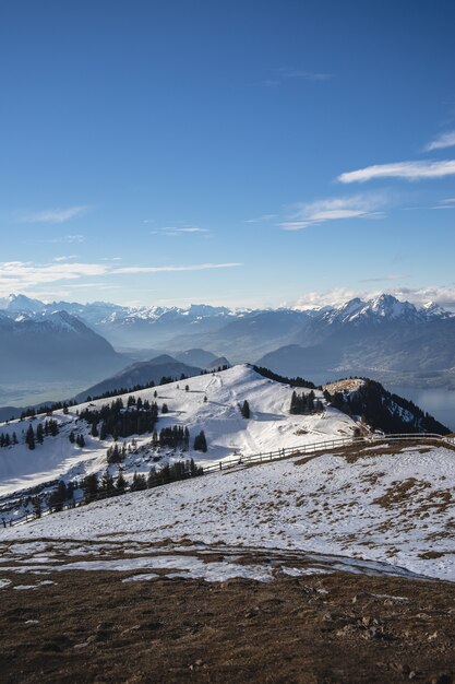 Pionowe ujęcie pasma górskiego Rigi w Szwajcarii pod błękitnym niebem