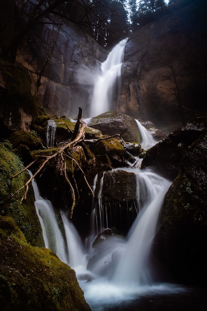 Pionowe ujęcie słynnego pięknego Golden Falls w stanie Oregon w deszczowy dzień