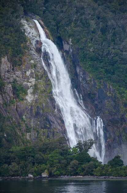Pionowe ujęcie wodospadu w Milford Sound w Nowej Zelandii