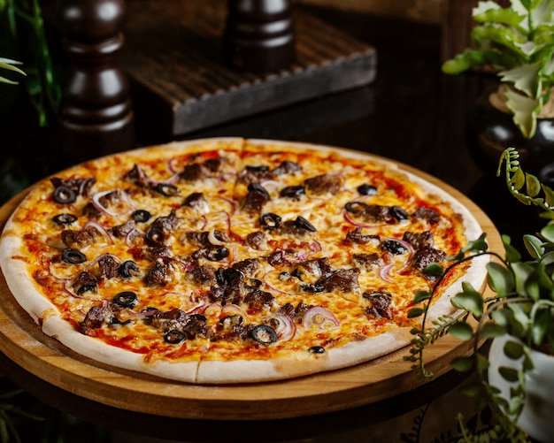 pizza mięsna z krążkami czerwonej cebuli, oliwą i serem