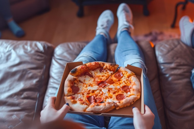 pizza w pudełku na kolanach nastolatka siedzącego na sofie i oglądającego telewizję leżała na płasko ze świeżą żywnością