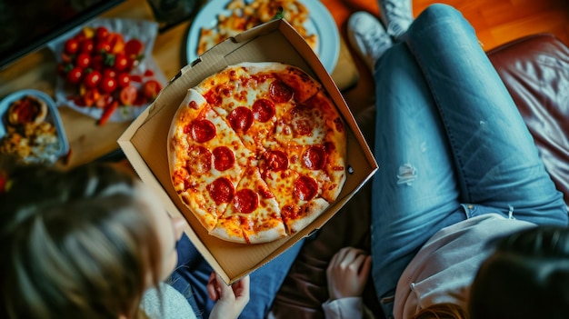 Pizza W Pudełku Na Kolanach Nastolatków Siedzących Na Sofie I Oglądających Telewizję Leżała Na Płasko świeżą żywnością