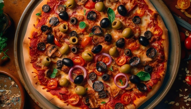 Pizza z oliwkami i cebulą na tacy
