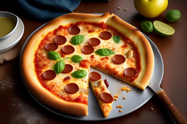 Pizza z pepperoni i brakującym kawałkiem.