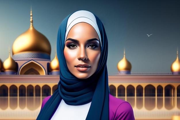 Plakat Przedstawiający Muzułmankę Z Niebieskim Hidżabem Na Głowie.