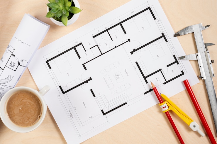 Bezpłatny plik Zdjęcie plan architektoniczny z góry na biurku
