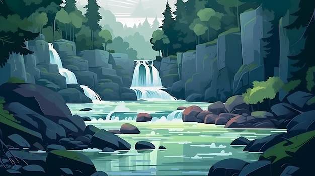 Bezpłatne zdjęcie płaski wektor ilustracja wodospadu lasu