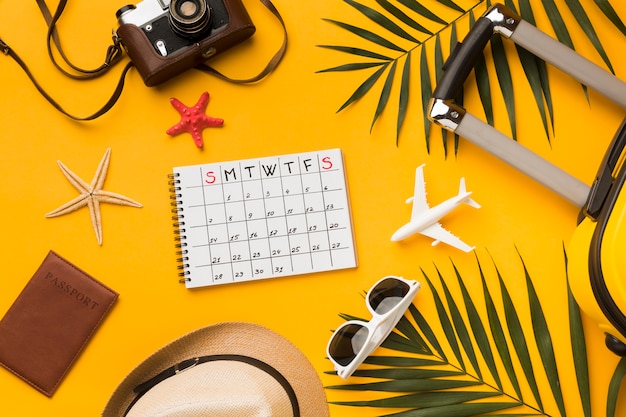 Płaskie ukształtowanie niezbędnych artykułów podróżnych z kalendarzem i okularami przeciwsłonecznymi