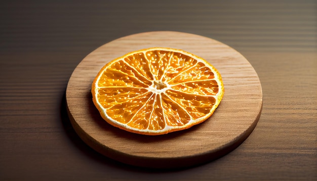 Plasterek pomarańczy siedzi na drewnianym talerzu.