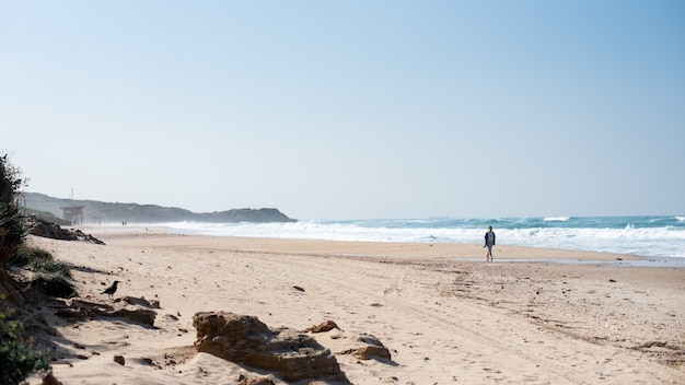 Plaża z ludźmi na niej otoczona morzem i wzgórzami pokrytymi zielenią w słońcu