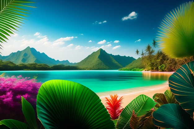 Bezpłatne zdjęcie plaża z tropikalnym krajobrazem i górami w tle