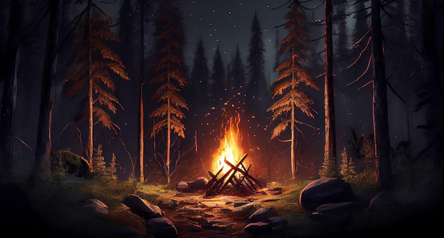 Bezpłatne zdjęcie płomień płonącego ciemnego lasu oświetla upiorną tajemnicę generowaną przez sztuczną inteligencję
