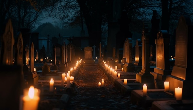 Bezpłatne zdjęcie płomienie oświetlają stary cmentarz katolicki o zmierzchu generowane przez sztuczną inteligencję