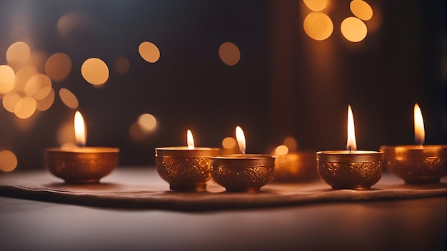 Płonące lampy diya na ciemnym tle Święto Diwali