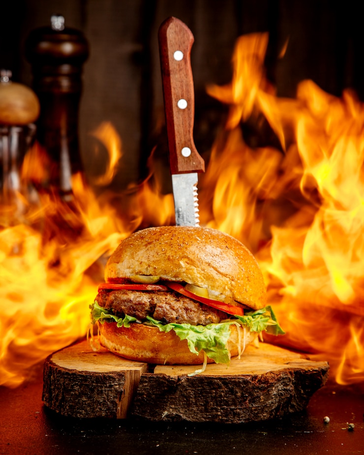 Bezpłatny plik Zdjęcie płonący hamburger mięsny na drewnianej konopie