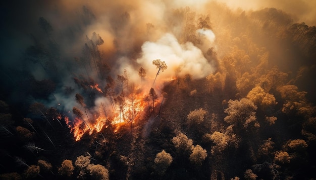 Płonący las, niszczący piekło i generujący szkody w środowisku AI