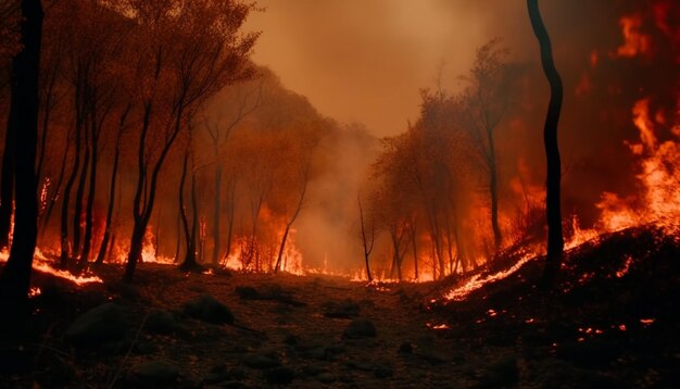 Płonący las upiorny tajemniczy inferno płomieni generatywny AI