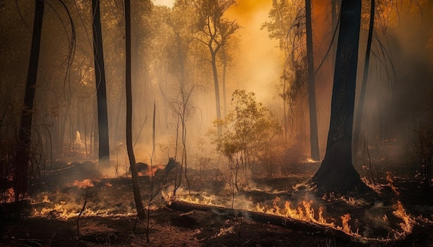Płonący las w jesiennym upale i tajemnica generowana przez AI