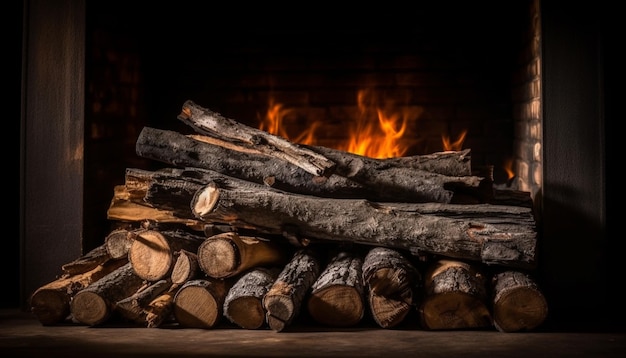 Płonący stos drewna wytwarza ciepło i płomienie w pomieszczeniach generowane przez sztuczną inteligencję