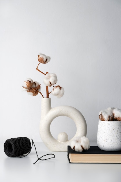 Bezpłatne zdjęcie płytka roślina bawełniana w wazonie używana do dekoracji wnętrz