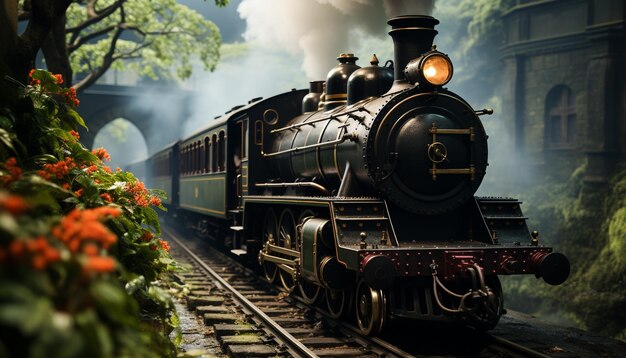 Pociąg parowy toczy się przez las w nostalgiczną podróż przez historię generowaną przez sztuczną inteligencję